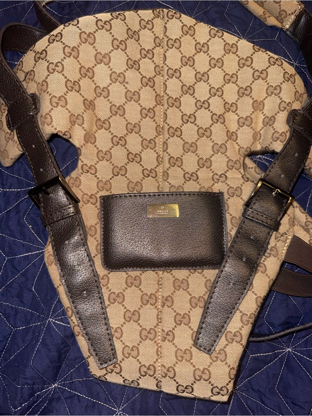 Gucci Beige Monogram Backpack with Dark Brown Straps and Gold Plaque